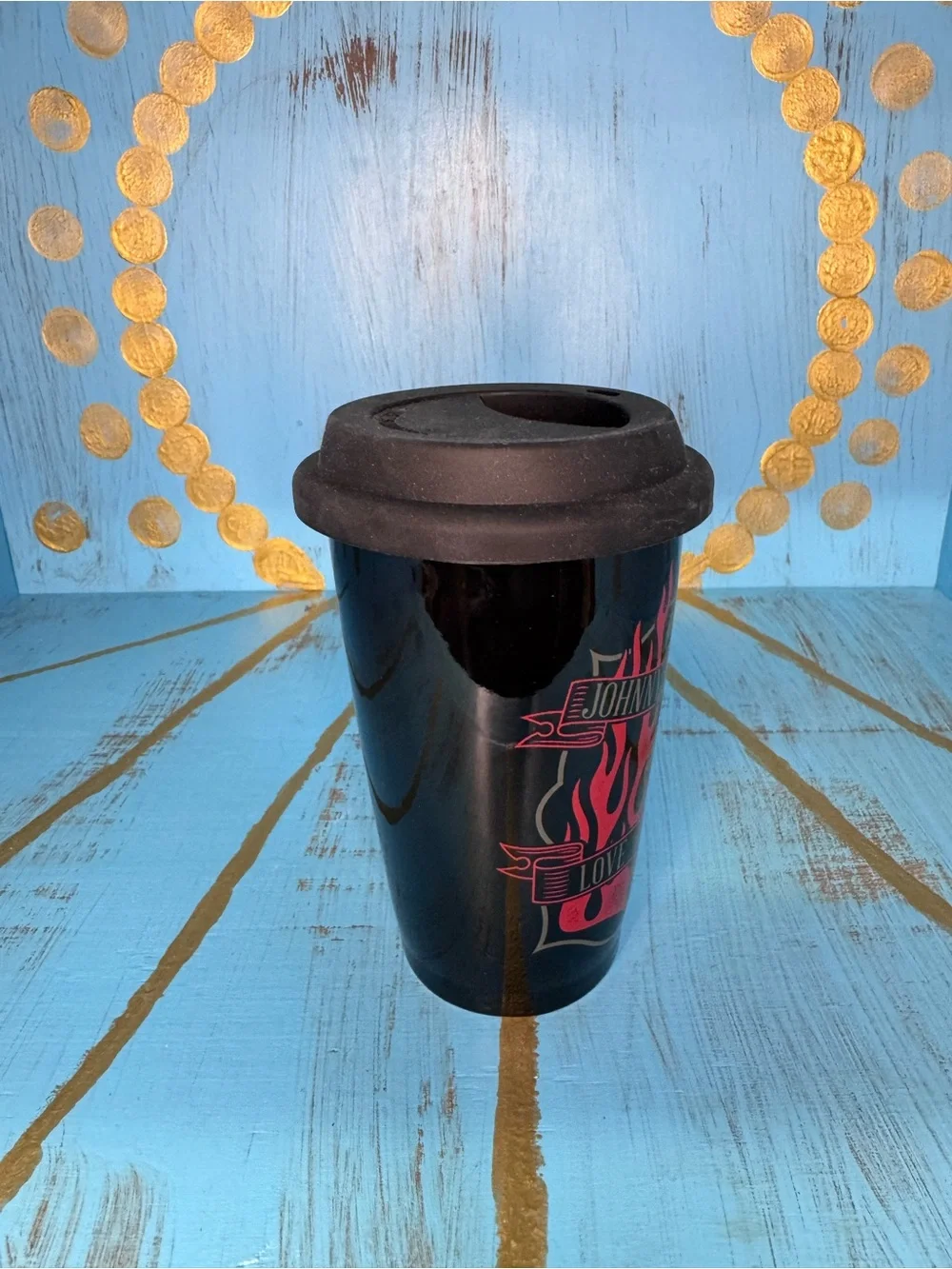 NIB Sourpuss Johnny Cash Black & Red Guitar Travel Tumbler with Silicone lid